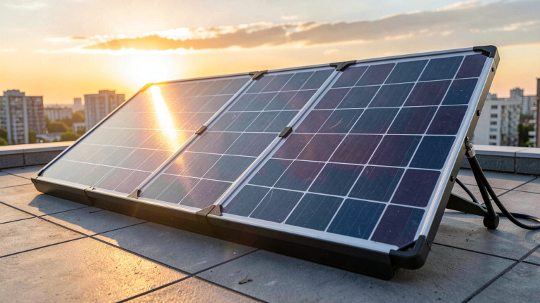 panneau solaire portable pour maison installé sur une terrasse urbaine en fin de journée