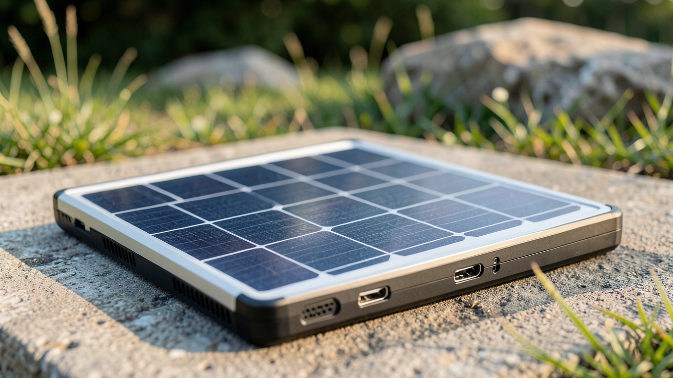 panneau solaire portable puissant posé sur une surface plane en extérieur avec des détails techniques visibles