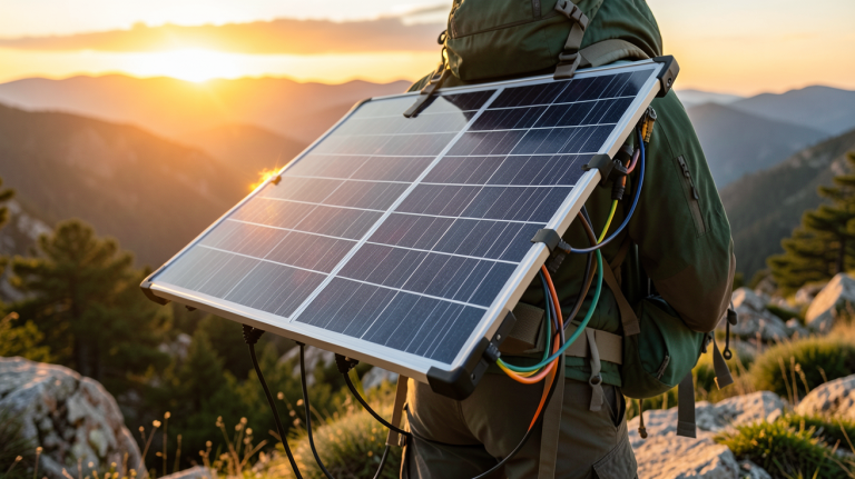 panneau solaire portable puissant déployé sur un sac à dos de randonnée en pleine nature