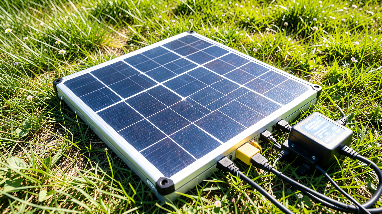 panneau solaire portable puissant posé sur un sol herbeux avec une batterie externe connectée