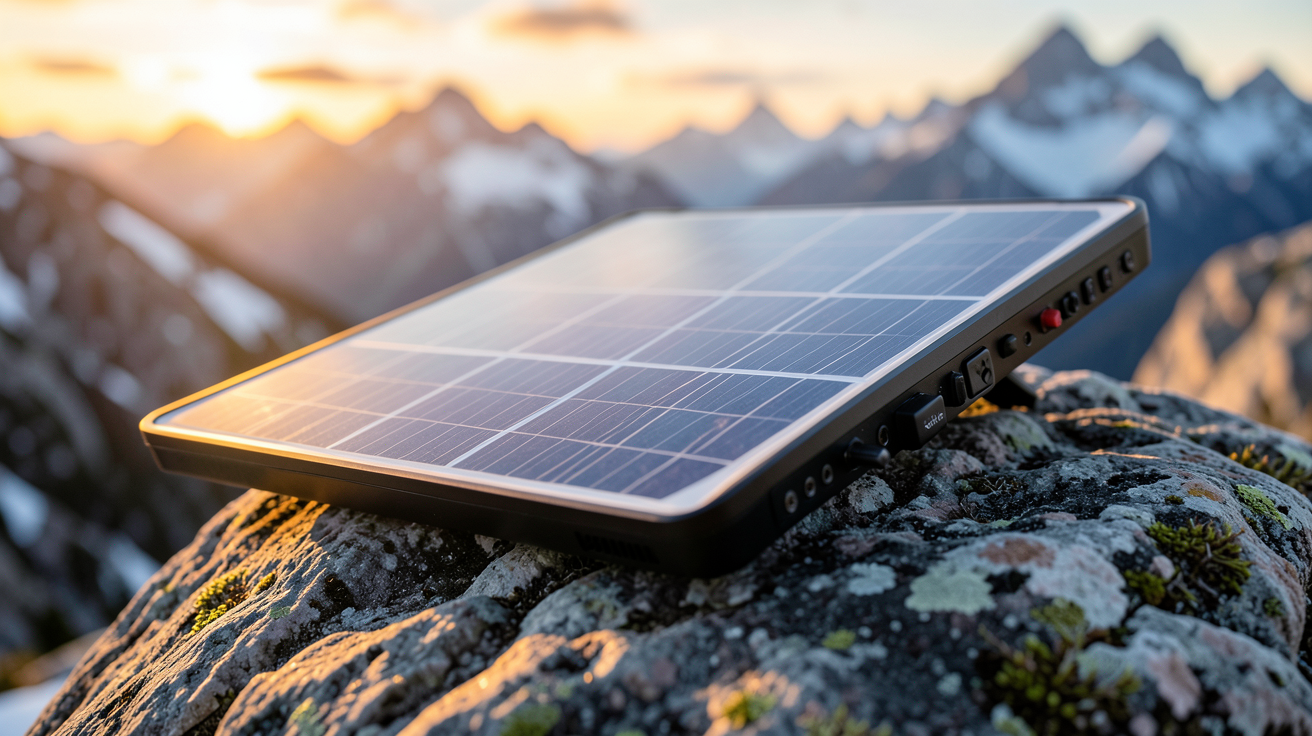 panneau solaire portable randonnée posé sur un rocher en montagne avec un coucher de soleil en arrière-plan