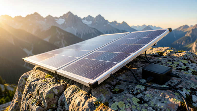 panneau solaire portable déployé sur un rocher en montagne avec une lumière naturelle intense