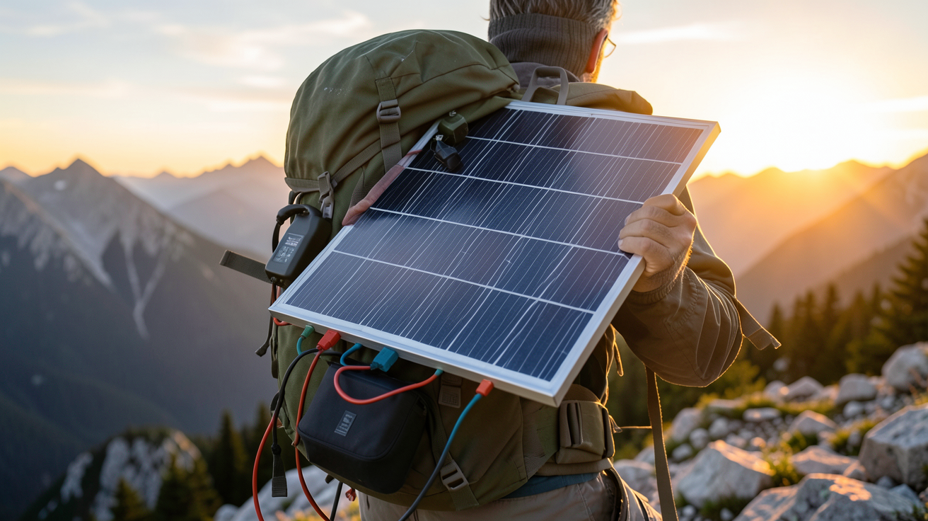 panneau solaire portable pour randonnée déployé sur un sac à dos en pleine nature