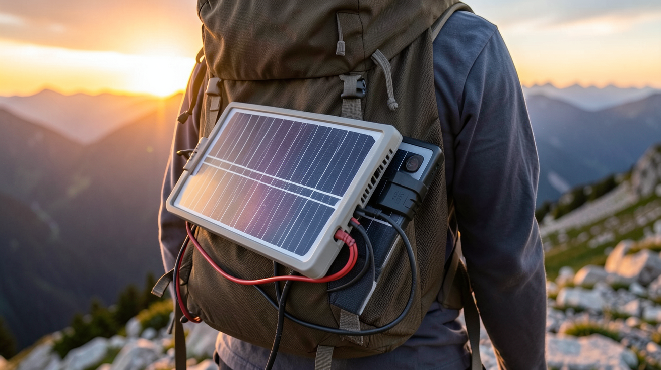 panneau solaire portable utilisé en randonnée sur un sac à dos