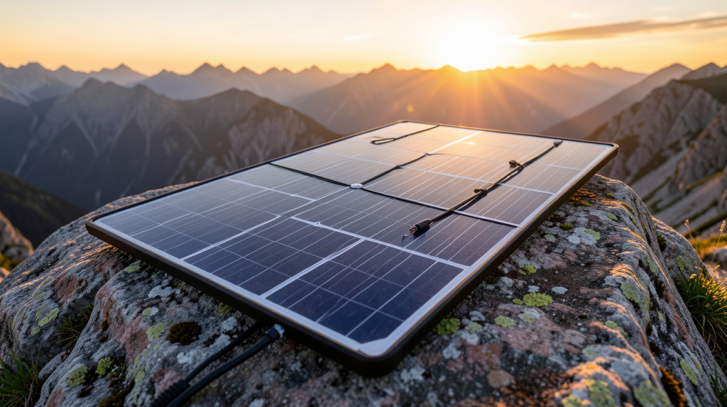 panneau solaire portatif déployé sur un rocher en montagne avec vue sur un coucher de soleil
