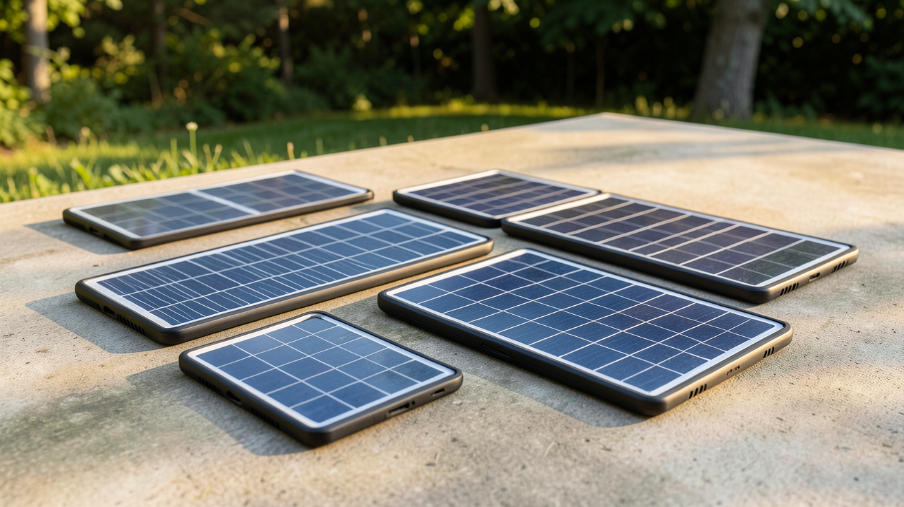 panneau solaire portatif différents types disposés en extérieur sous la lumière naturelle