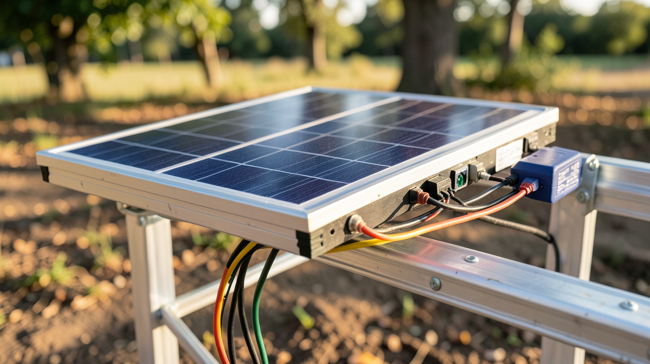 panneau solaire portatif en cours d'installation sur un support réglable avec câbles et connecteurs visibles