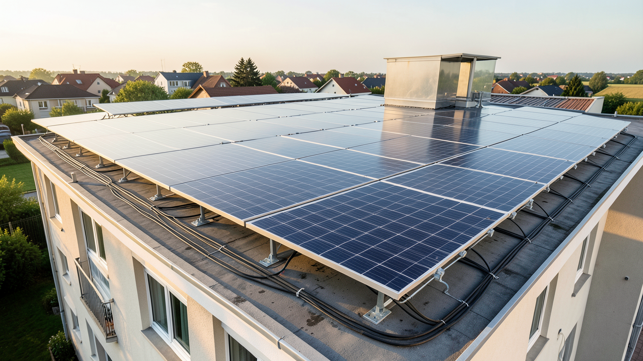 panneau solaire pour appartement installé sur la toiture d'un immeuble résidentiel