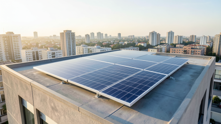 panneau solaire pour appartement installé sur un toit-terrasse en milieu urbain