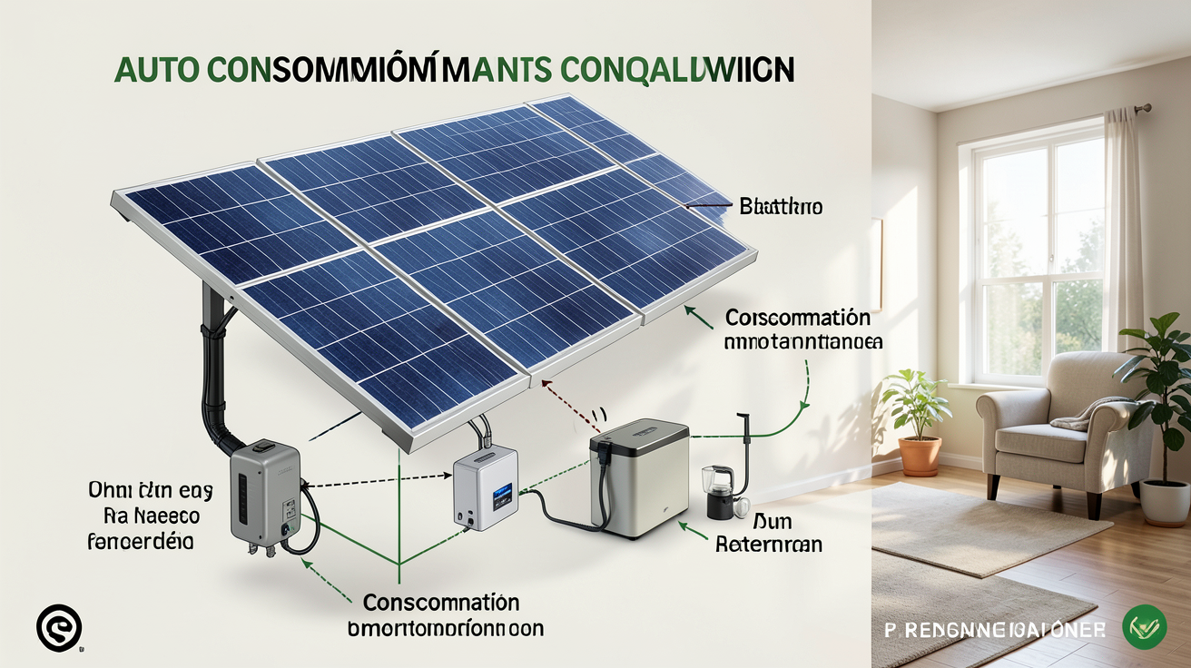panneau solaire pour autoconsommation montrant le schéma de principe d’un système avec panneaux photovoltaïques, onduleur et batterie
