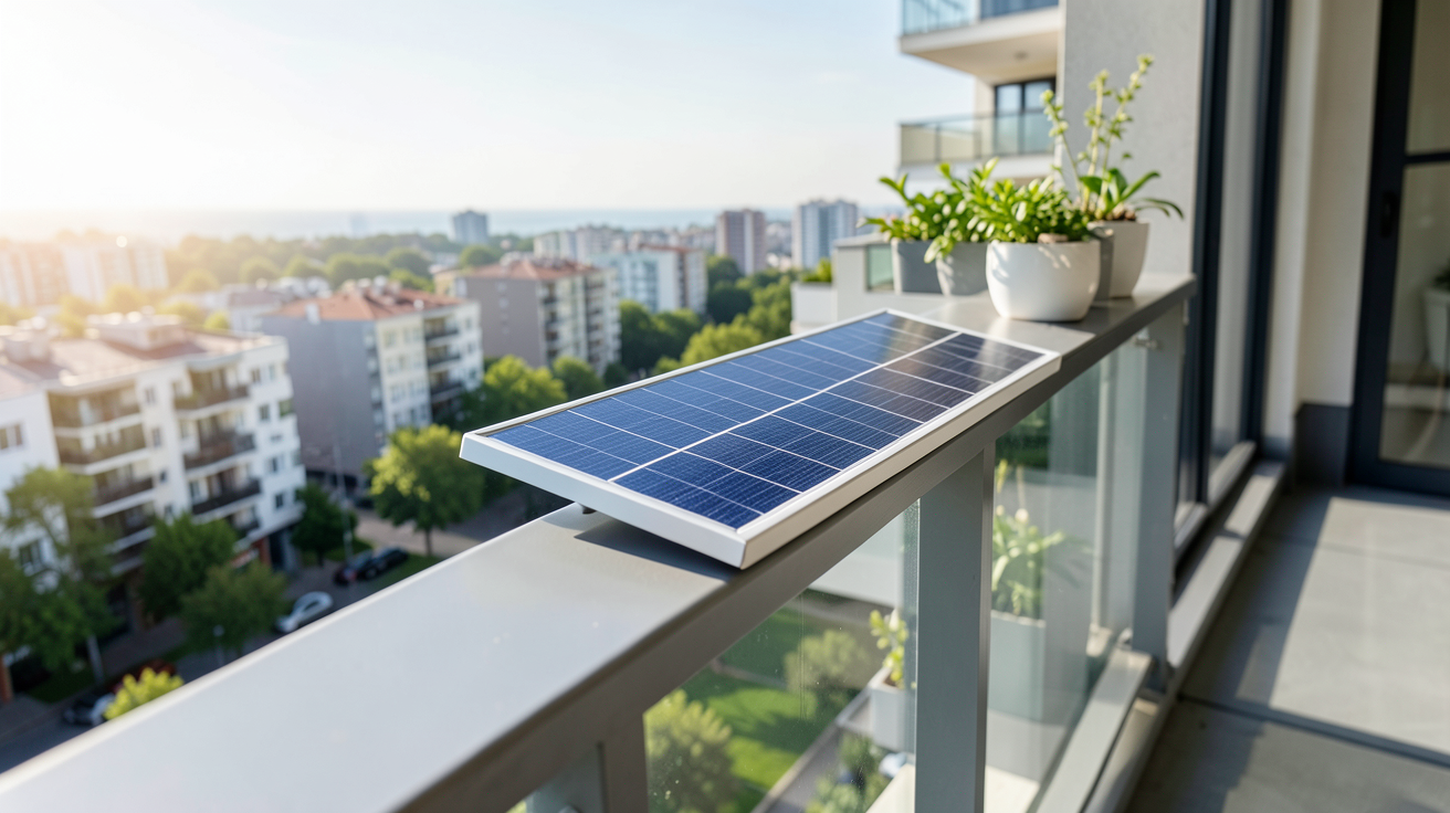 panneau solaire pour balcon appartement installé sur une rambarde ensoleillée d'un immeuble moderne