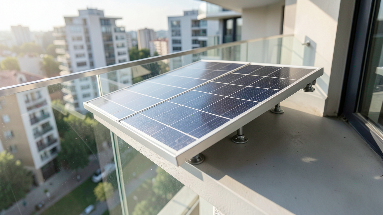 panneau solaire pour balcon appartement installé sur une rambarde métallique en ville