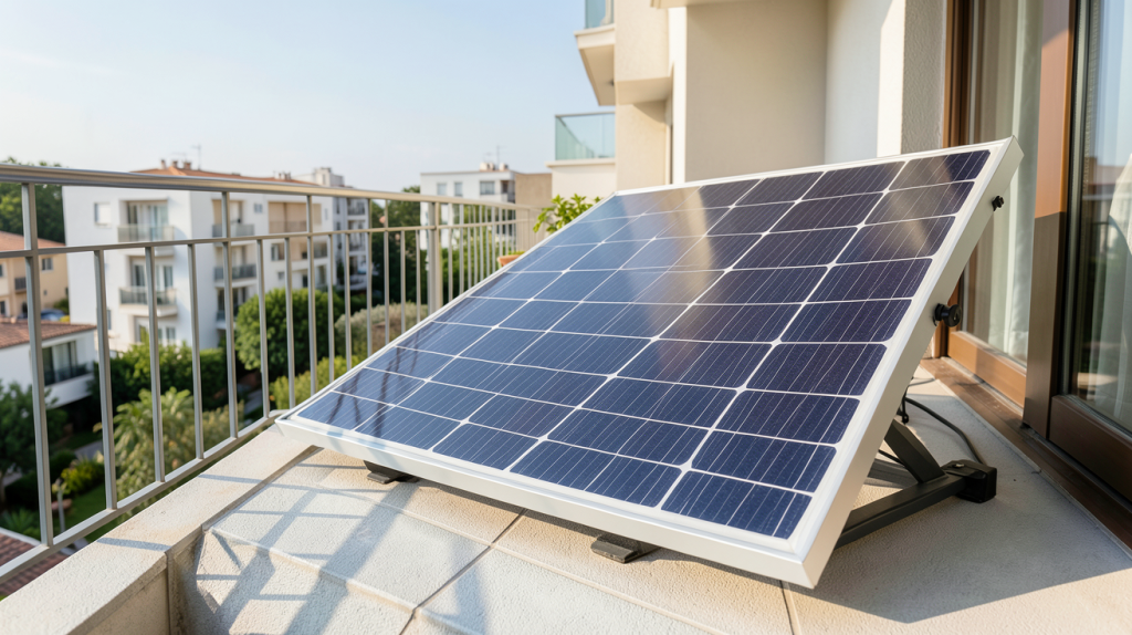 panneau solaire pour balcon installé sur une terrasse d'immeuble moderne, capturant la lumière du soleil avec des cellules photovoltaïques brillantes