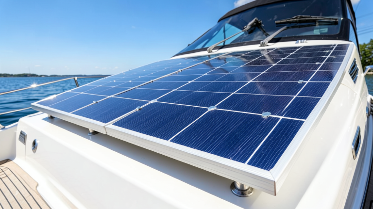 panneau solaire pour bateau installé sur le deck d'un bateau de plaisance en plein soleil
