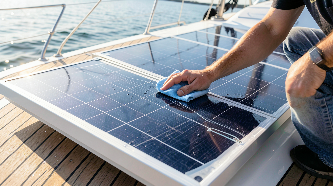 panneau solaire pour bateau en cours d'entretien avec nettoyage manuel des cellules photovoltaïques
