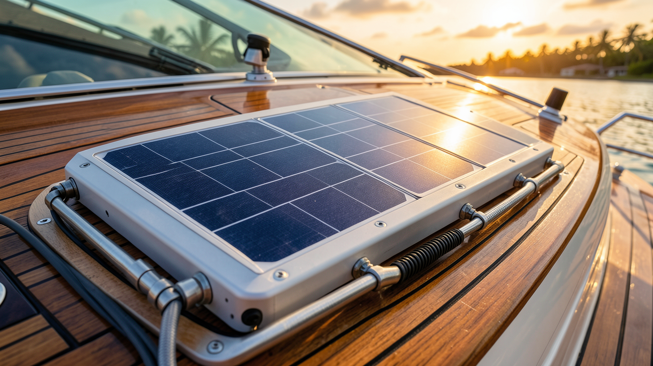 panneau solaire pour bateau installé sur un balcon en bois, guide d'installation pas à pas