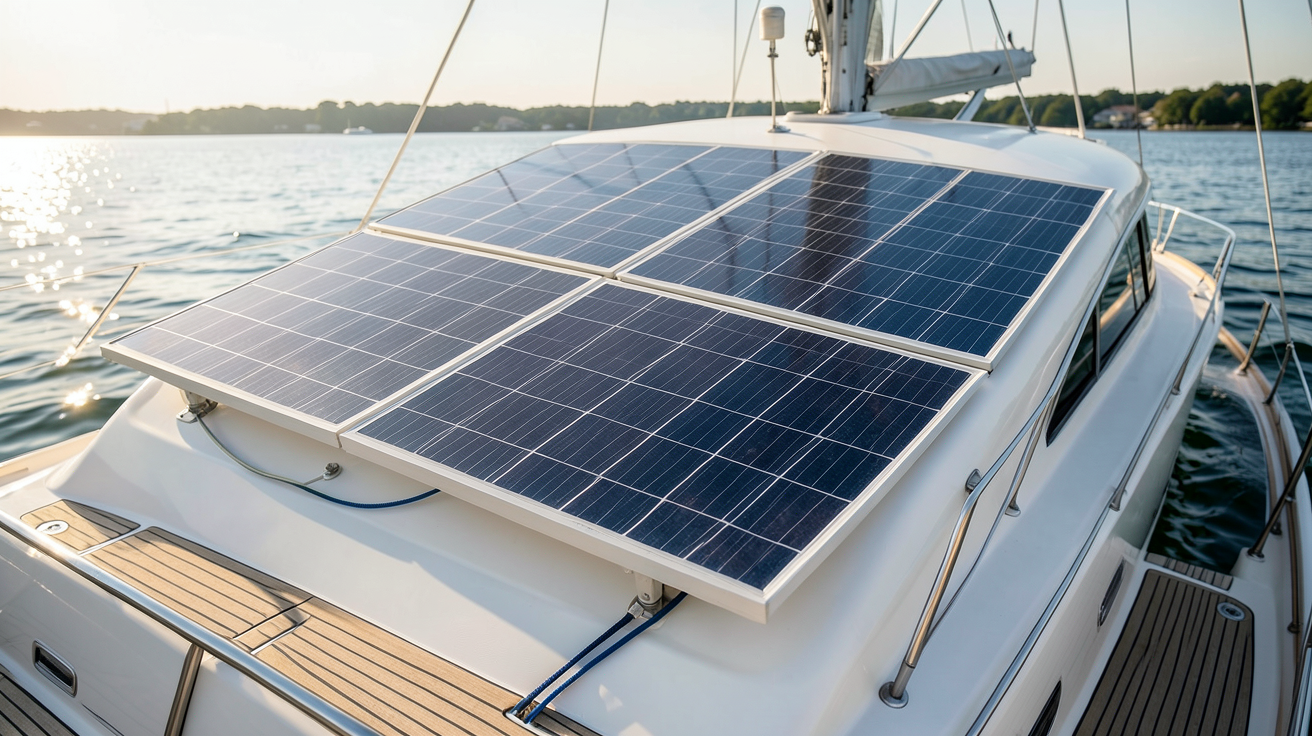 panneau solaire pour bateau montrant différents types de panneaux solaires installés sur le pont arrière d'un bateau de plaisance