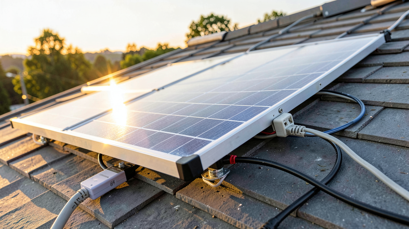 panneau solaire pour batterie connecté à une batterie lithium-ion moderne sur un toit