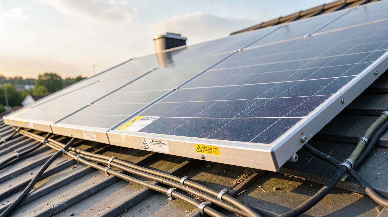 panneau solaire pour batterie installé sur un toit avec des câbles organisés et des connecteurs sécurisés