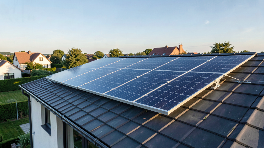 panneau solaire pour batterie installé sur le toit d'une maison moderne