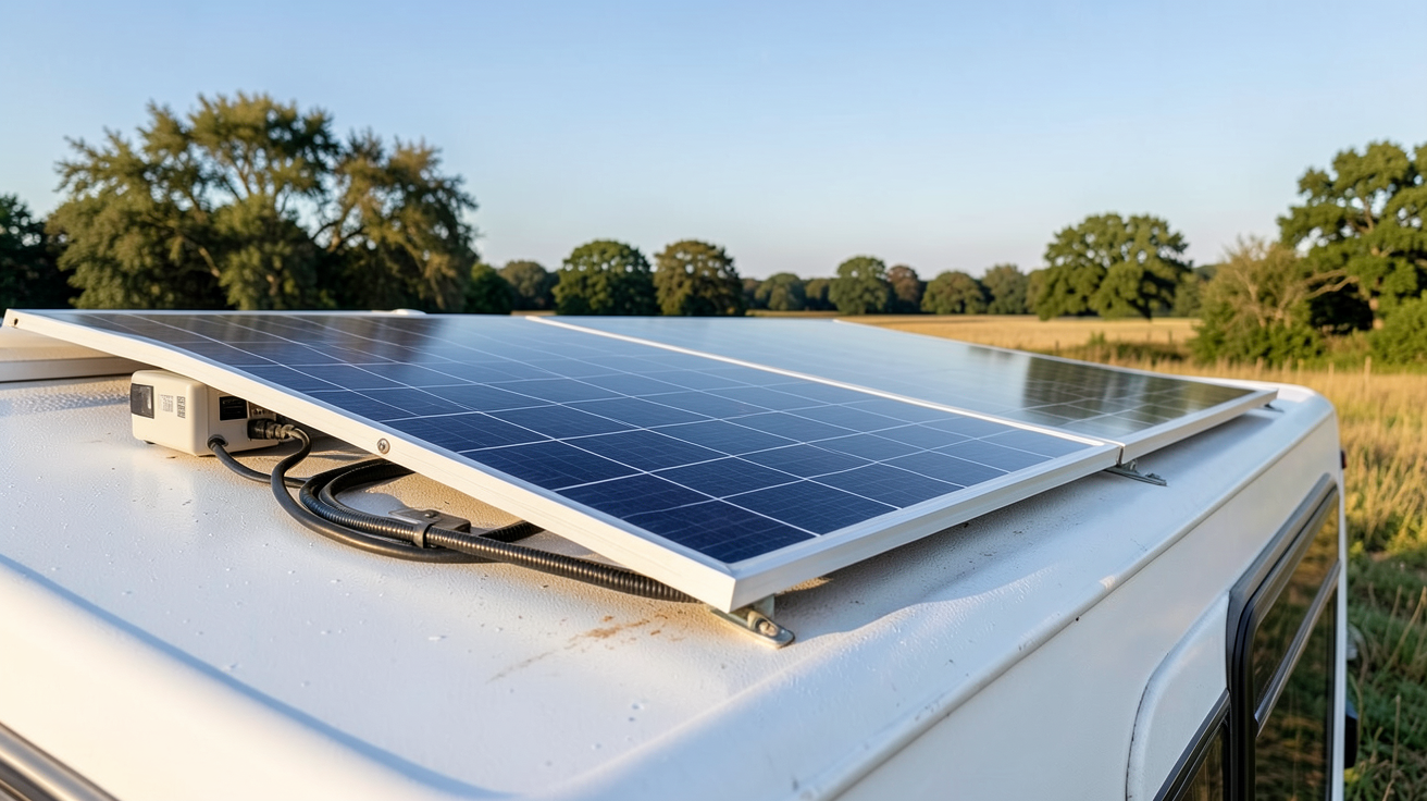 panneau solaire pour camping car installé sur le toit d'un véhicule avec câbles et boîtier de régulation
