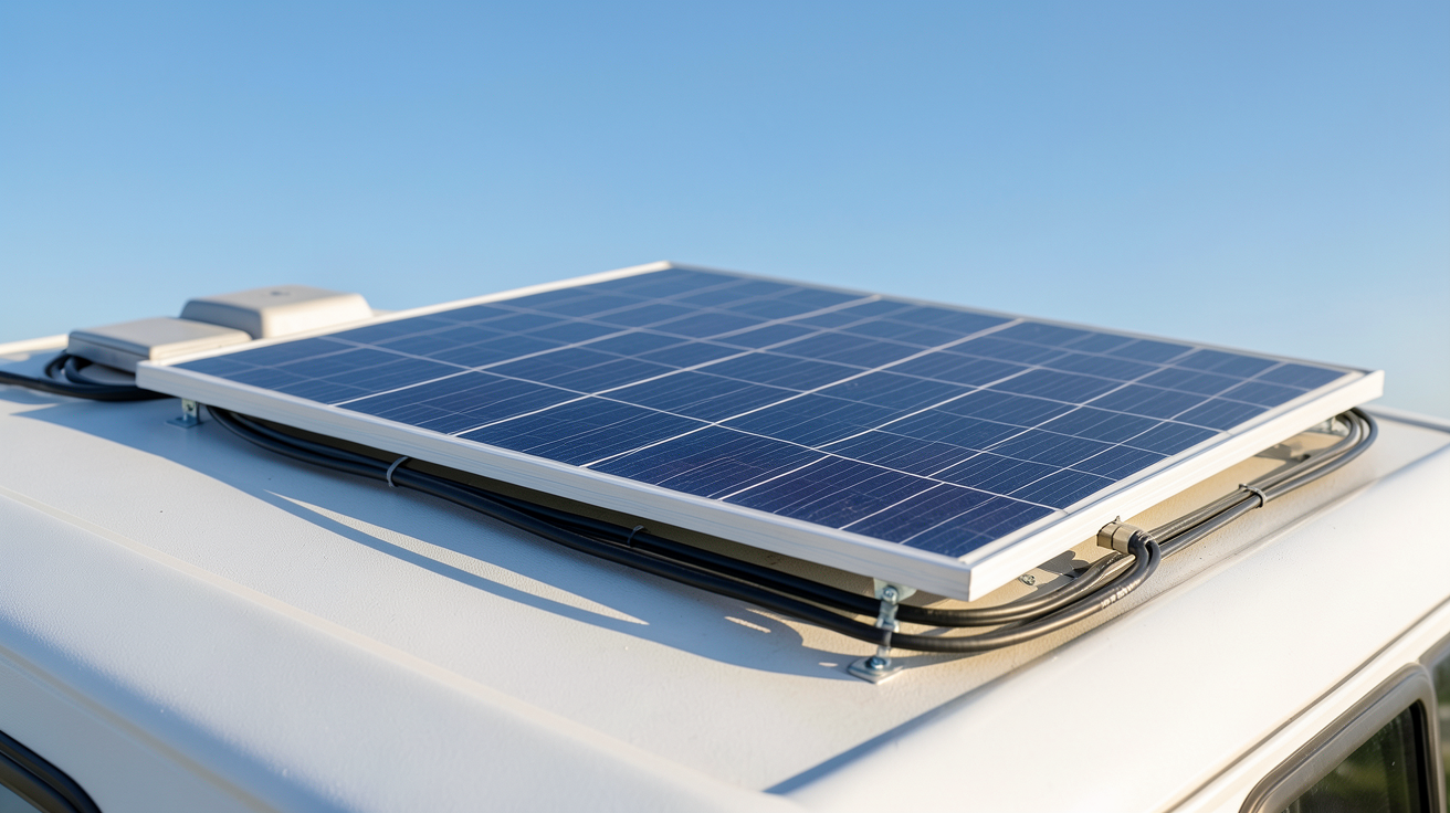 panneau solaire pour camping car installé sur le toit avec système de fixation étanche et câblage organisé