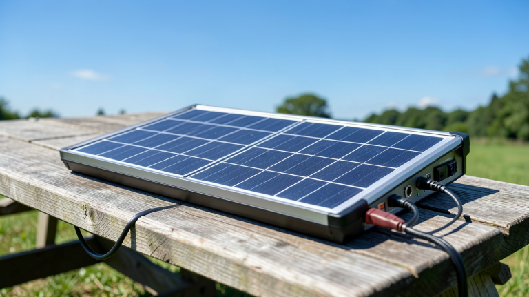panneau solaire pour camping posé sur une table en bois en plein air avec un ciel bleu