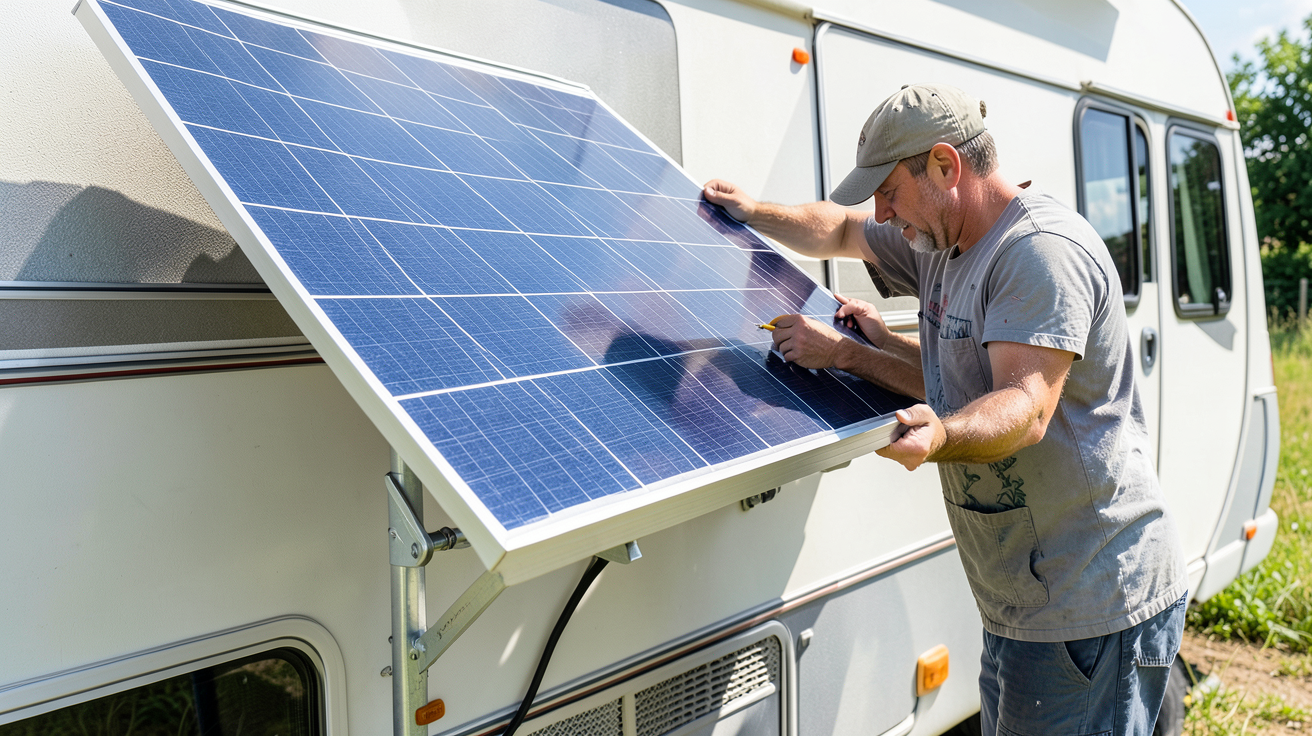 panneau solaire pour caravane installé sur le toit d'une caravane, montrant le guide pas à pas, avec câblage et fixation.