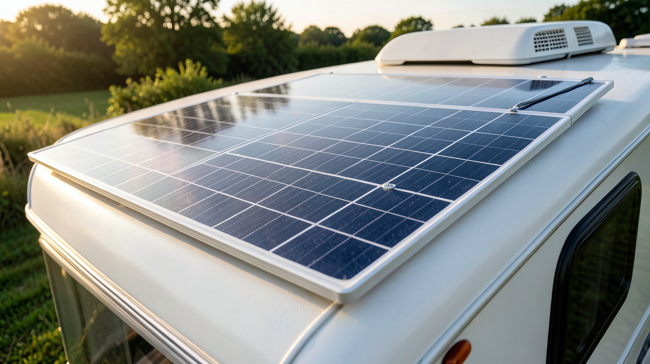 panneau solaire pour caravane monocristallin 200W installé sur le toit d'une caravane moderne