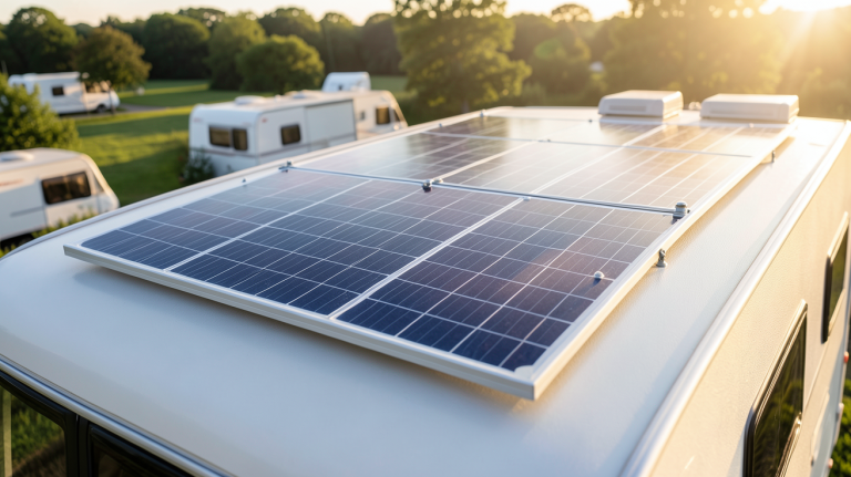 panneau solaire pour caravane installé sur le toit d'une caravane moderne
