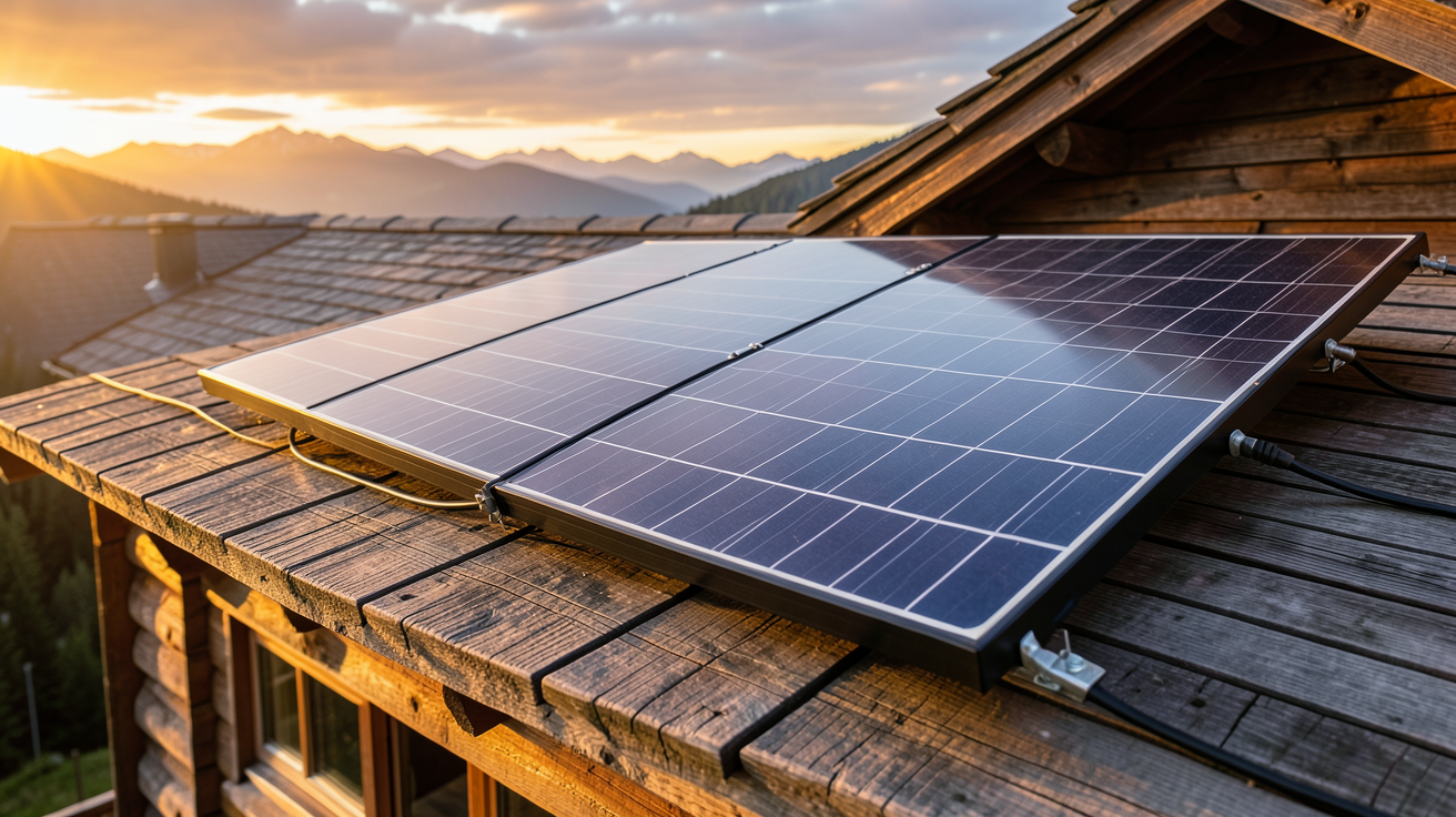 panneau solaire pour chalet installé sur un toit en bois, utilisé pour calculer la puissance nécessaire