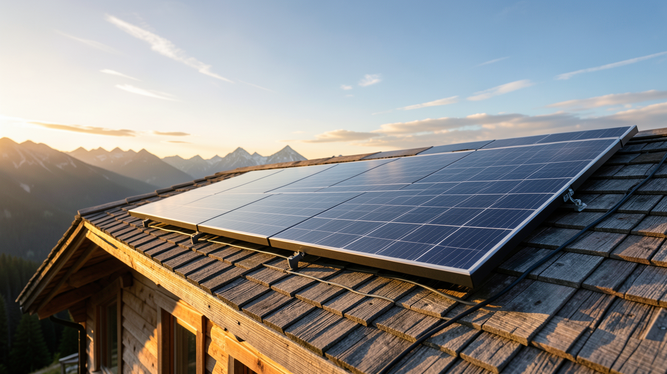 panneau solaire pour chalet installé sur le toit d'un chalet en bois isolé en montagne