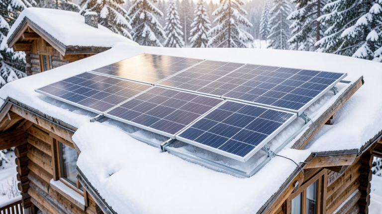 panneau solaire pour chalet installé sur un toit enneigé