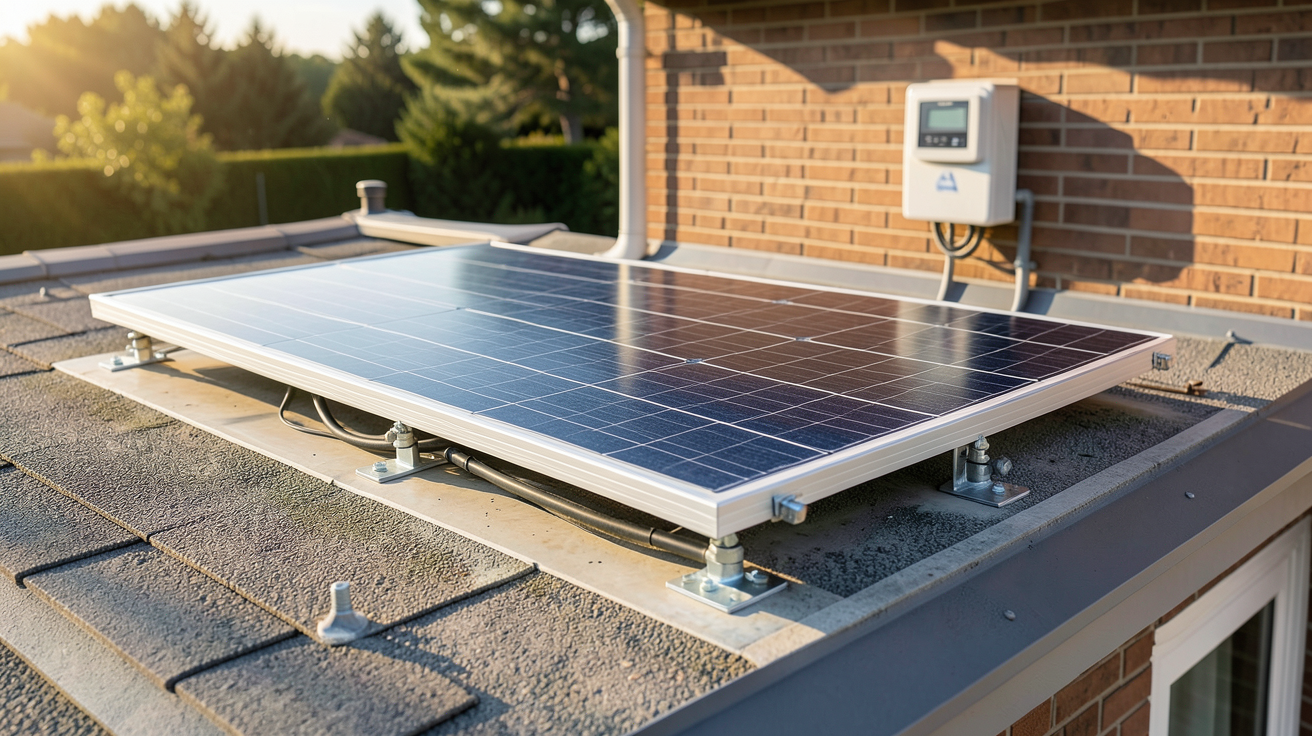 panneau solaire pour chauffage 2000w installé sur un toit avec un compteur électrique en arrière-plan