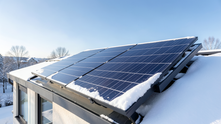 panneau solaire pour chauffage électrique installé sur le toit d'une maison moderne en hiver