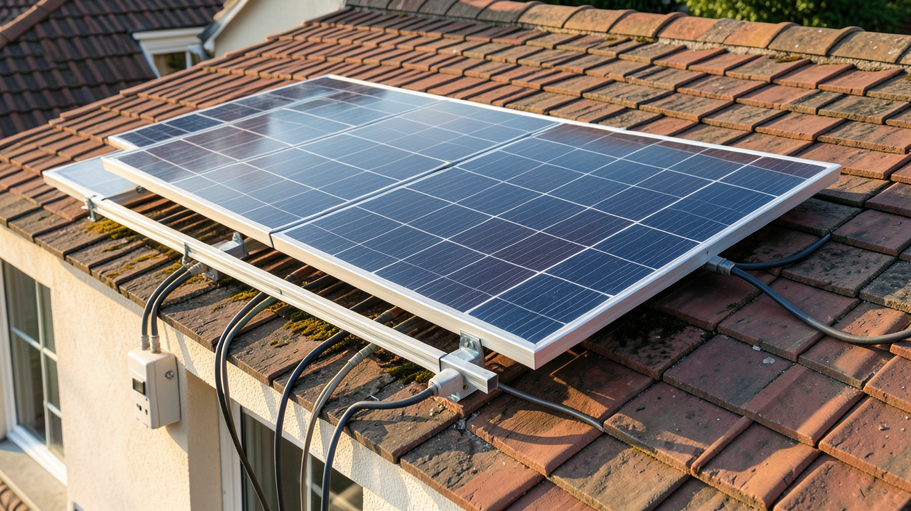panneau solaire pour chauffage électrique installé sur le toit d'une maison avec câbles connectés à un radiateur