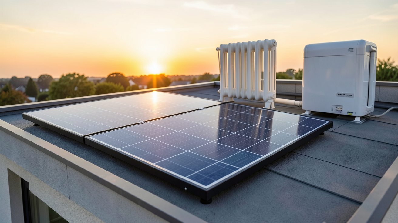 panneau solaire pour chauffage électrique installé sur un toit avec radiateurs et pompe à chaleur en arrière-plan