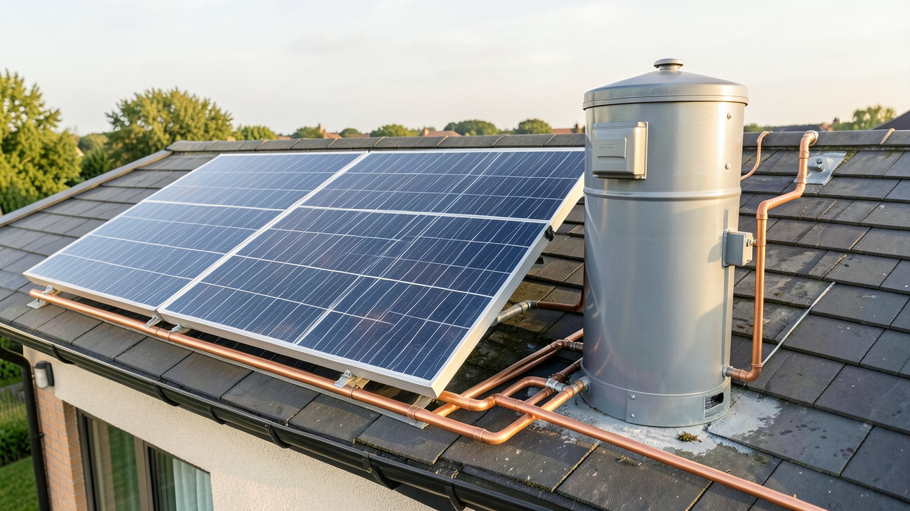 panneau solaire pour chauffage thermique avec ballon tampon et système solaire combiné installé sur un toit