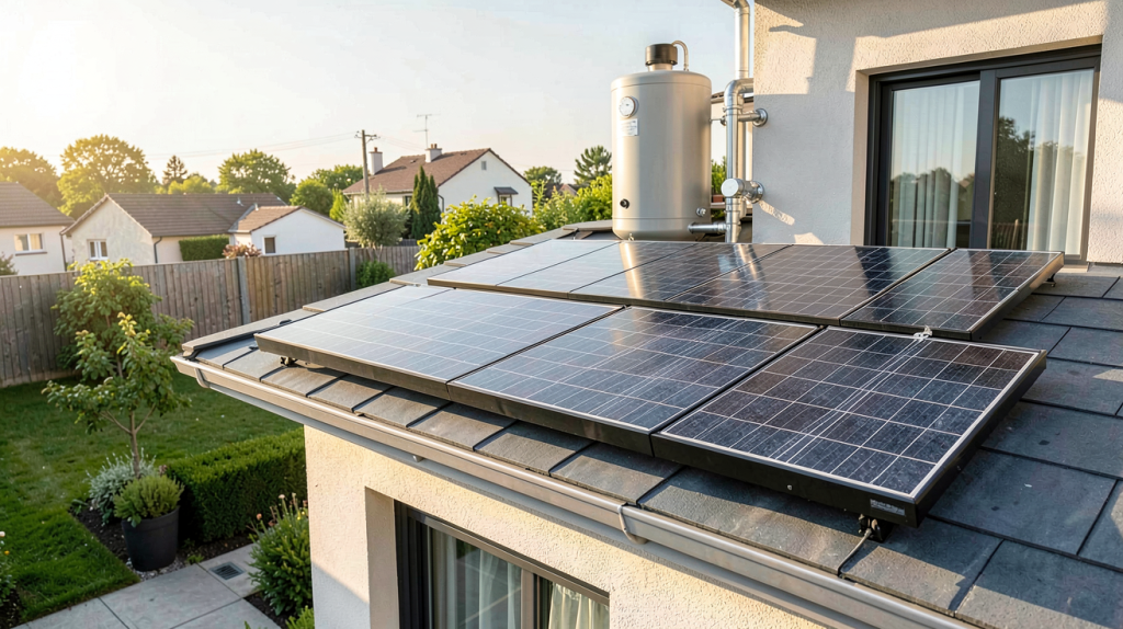 panneau solaire pour chauffe eau prix installation sur toit de maison moderne avec ballon de stockage visible