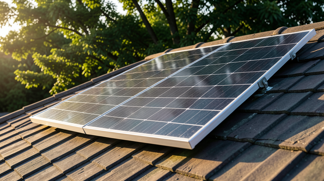 panneau solaire pour chauffer l'eau installé sur un toit incliné avec une orientation optimale vers le sud et un ombrage partiel