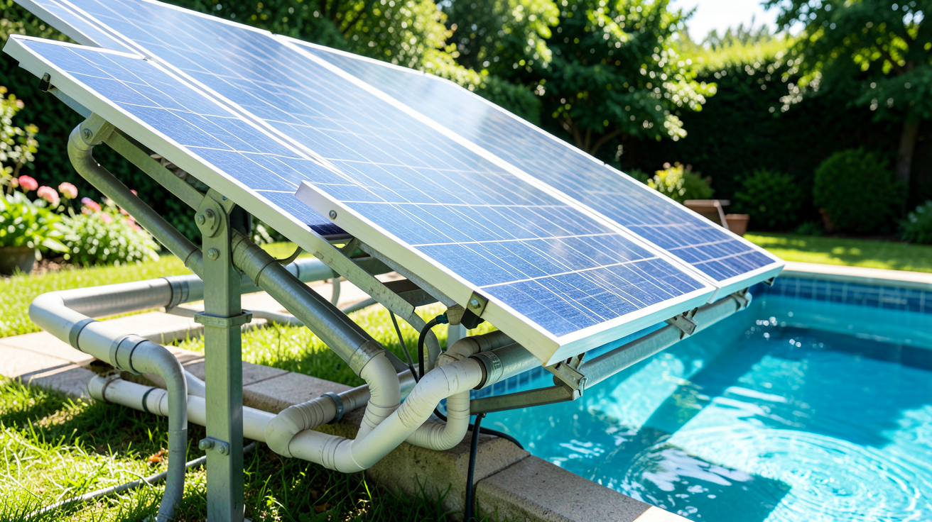 panneau solaire pour chauffer piscine installé à l'extérieur dans un jardin résidentiel