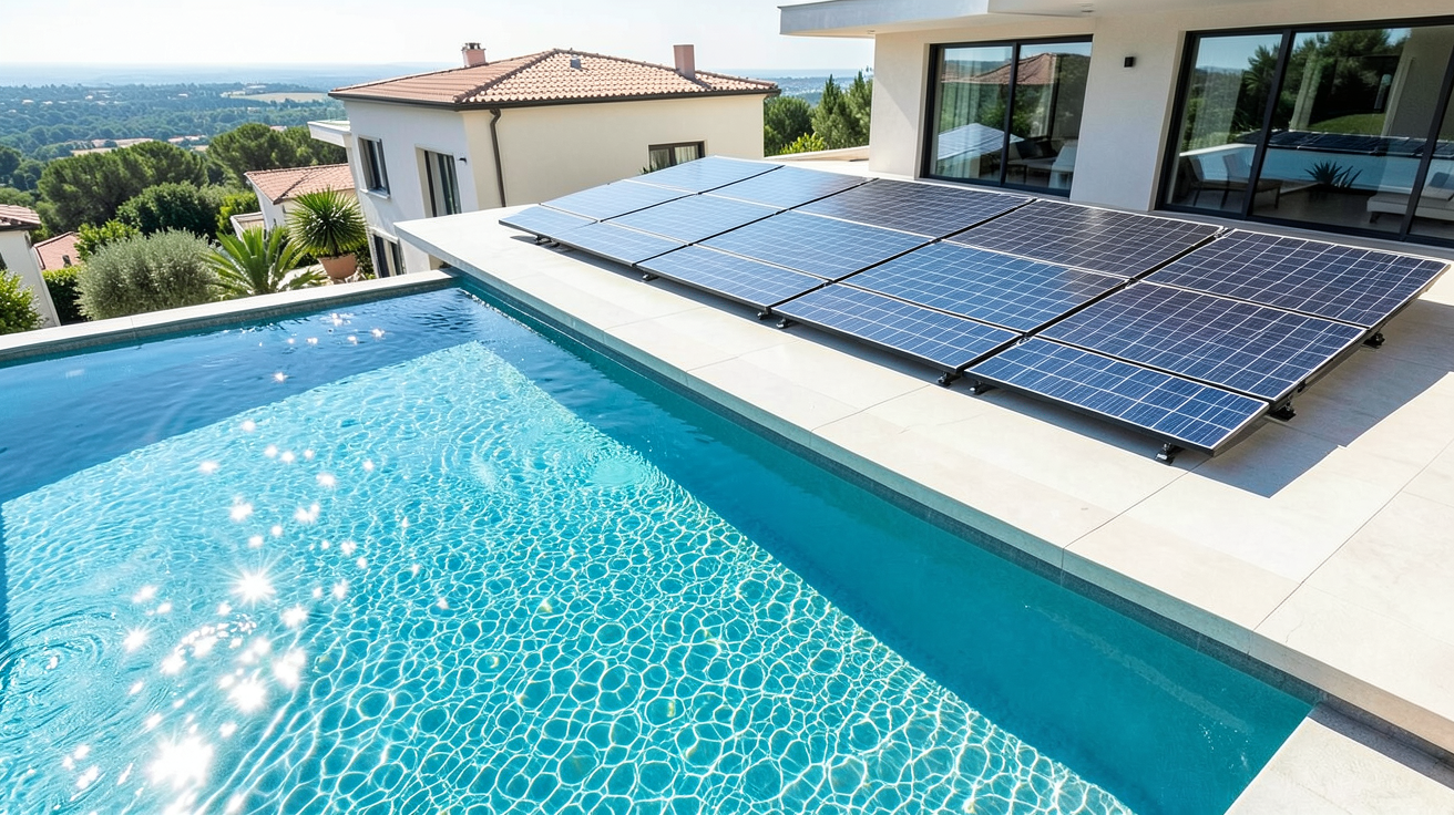 panneau solaire pour chauffer piscine installé sur le toit d'une maison avec vue sur le bassin bleu