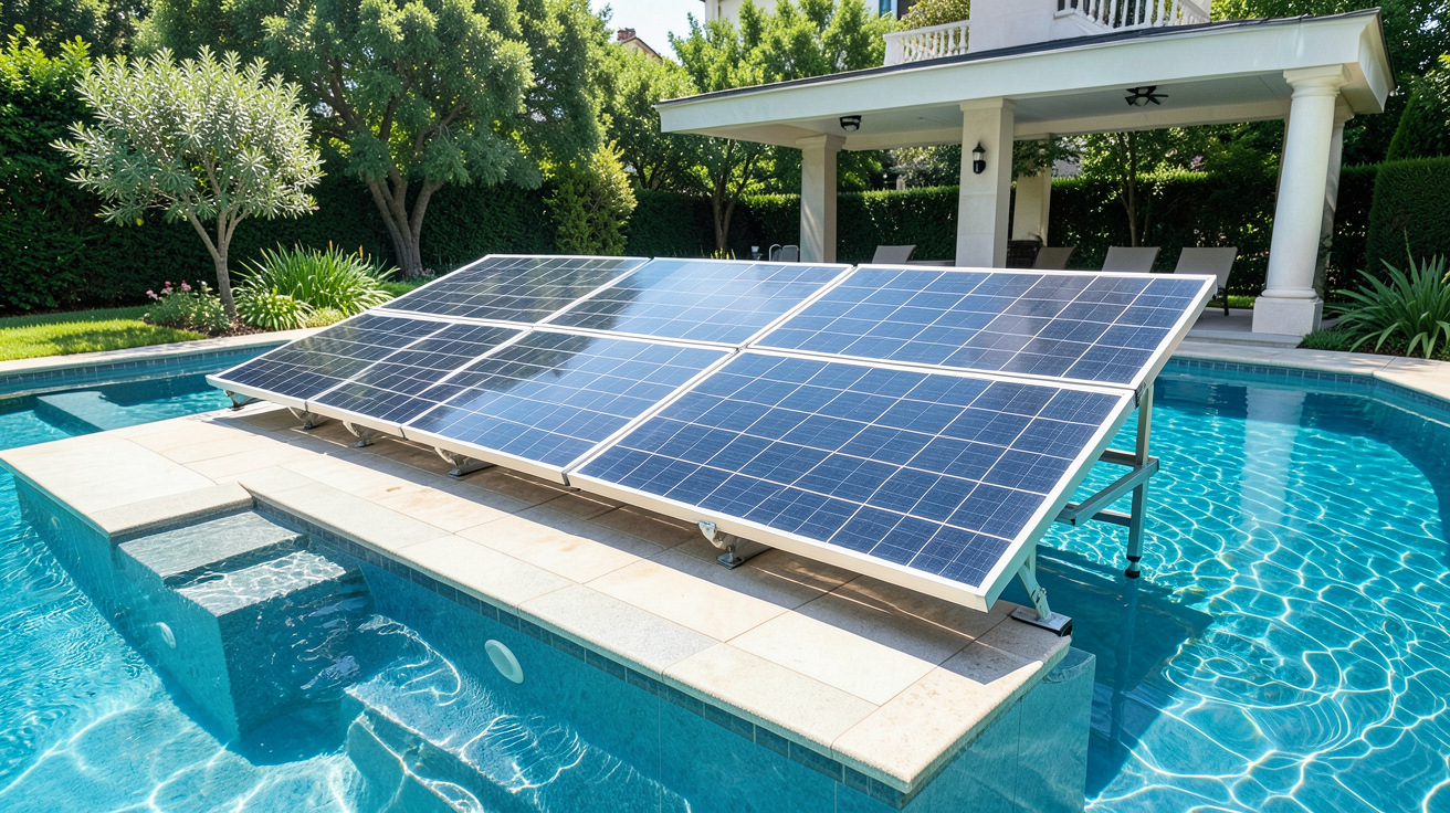panneau solaire pour chauffer piscine installé à côté d'une piscine aux eaux bleues sous un soleil radieux