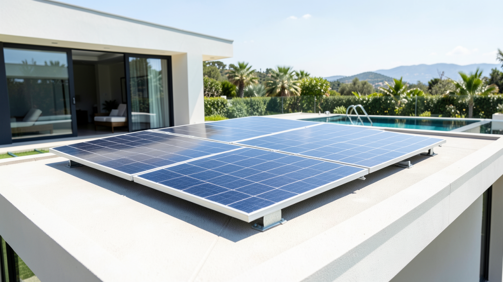 panneau solaire pour chauffer piscine installé sur le toit d'une maison moderne, alimentant une piscine claire sous le soleil