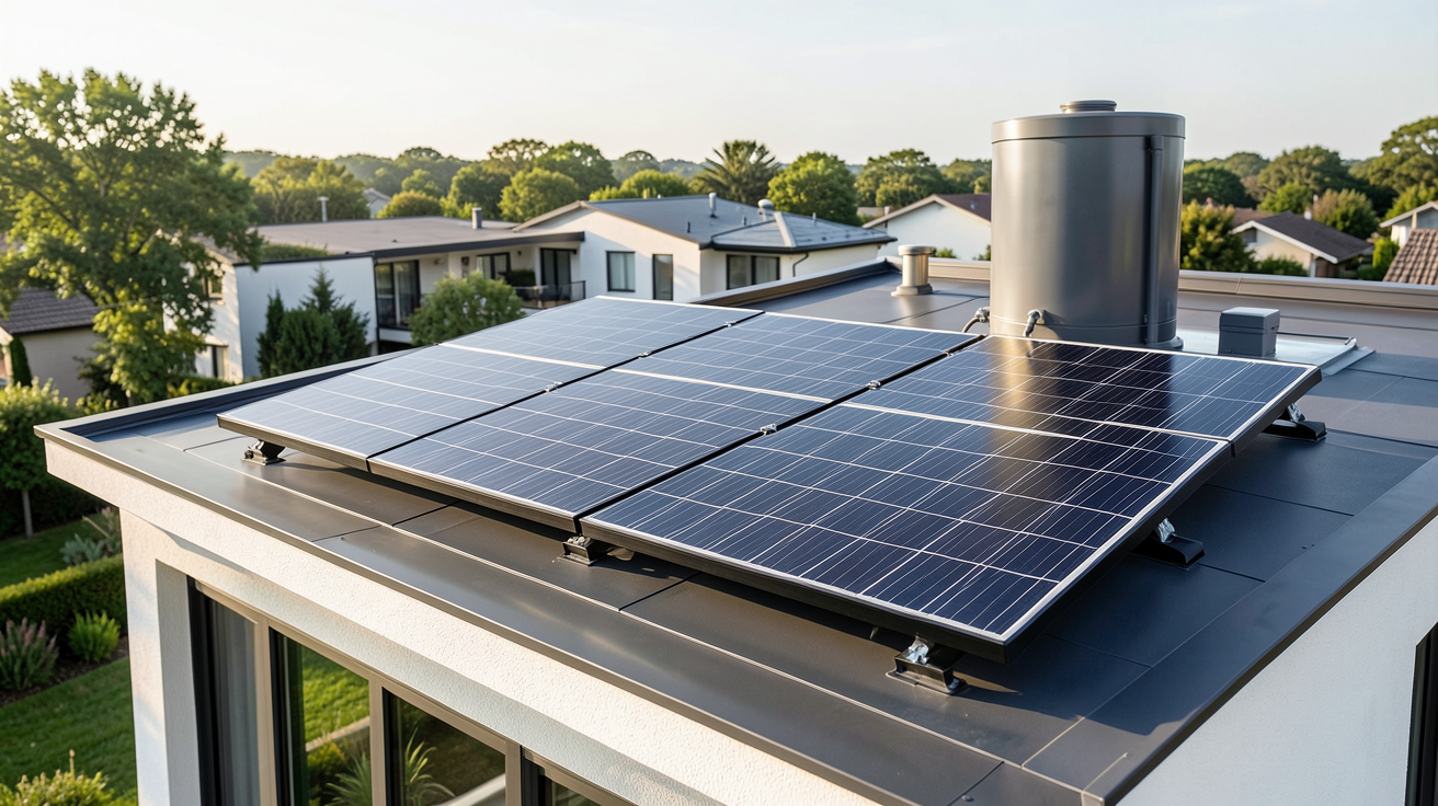 panneau solaire pour eau chaude : kit chauffe-eau solaire installé sur le toit d'une maison moderne