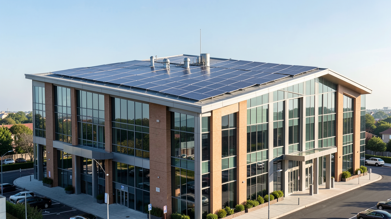 panneau solaire pour entreprise installé sur le toit d'un bâtiment d'entreprise moderne