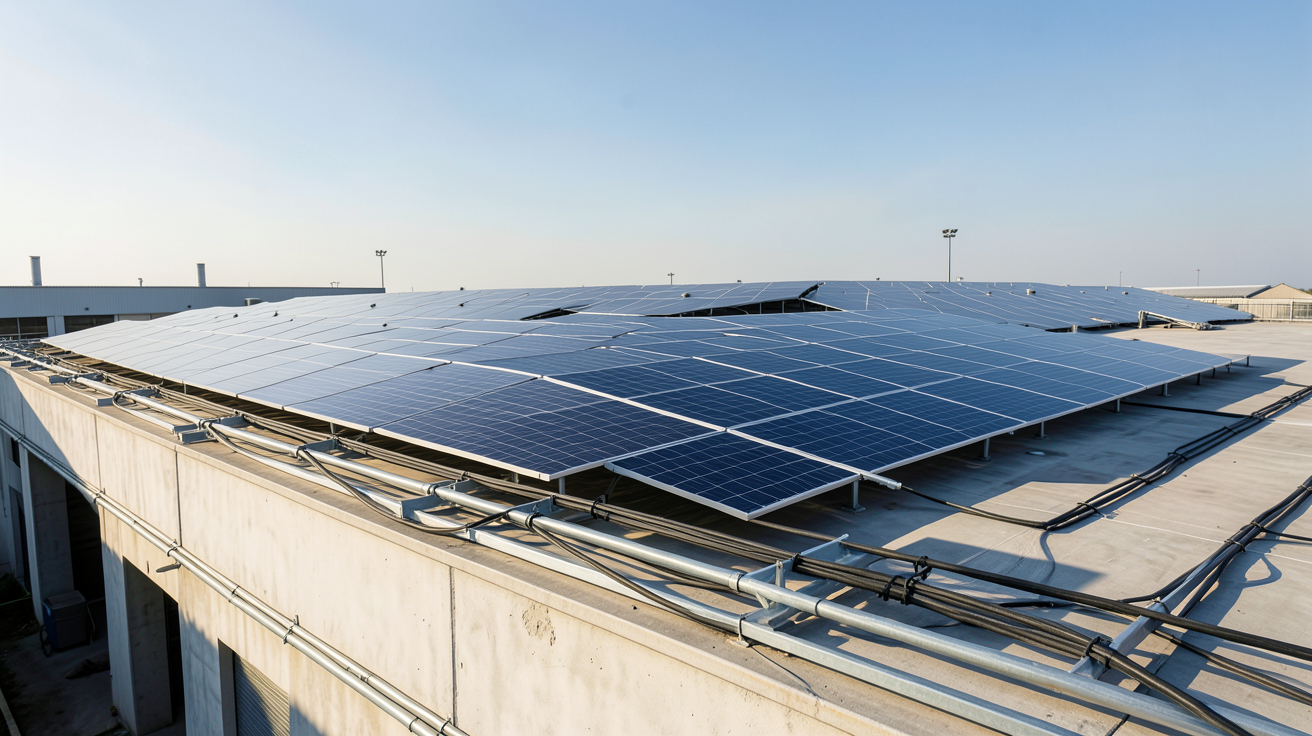panneau solaire pour entreprise installé sur le toit d'un entrepôt industriel