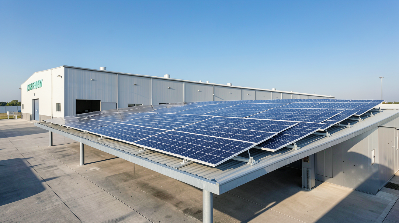 panneau solaire pour entreprise installé sur le toit d'un entrepôt moderne illustrant les avantages économiques et écologiques