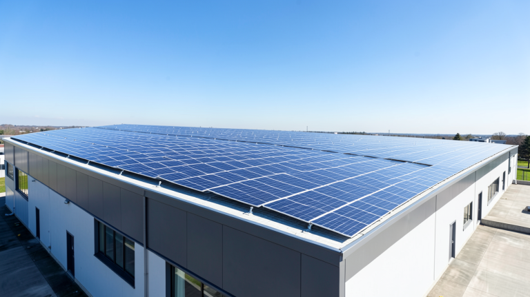 panneau solaire pour entreprise installé sur la toiture d'un bâtiment industriel moderne