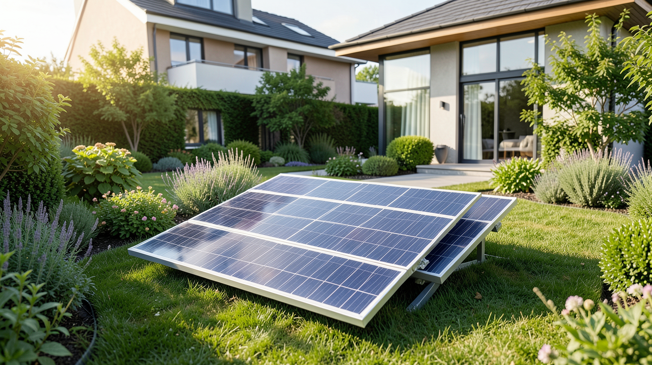 panneau solaire pour jardin installé dans un espace vert résidentiel avec une maison moderne en arrière-plan